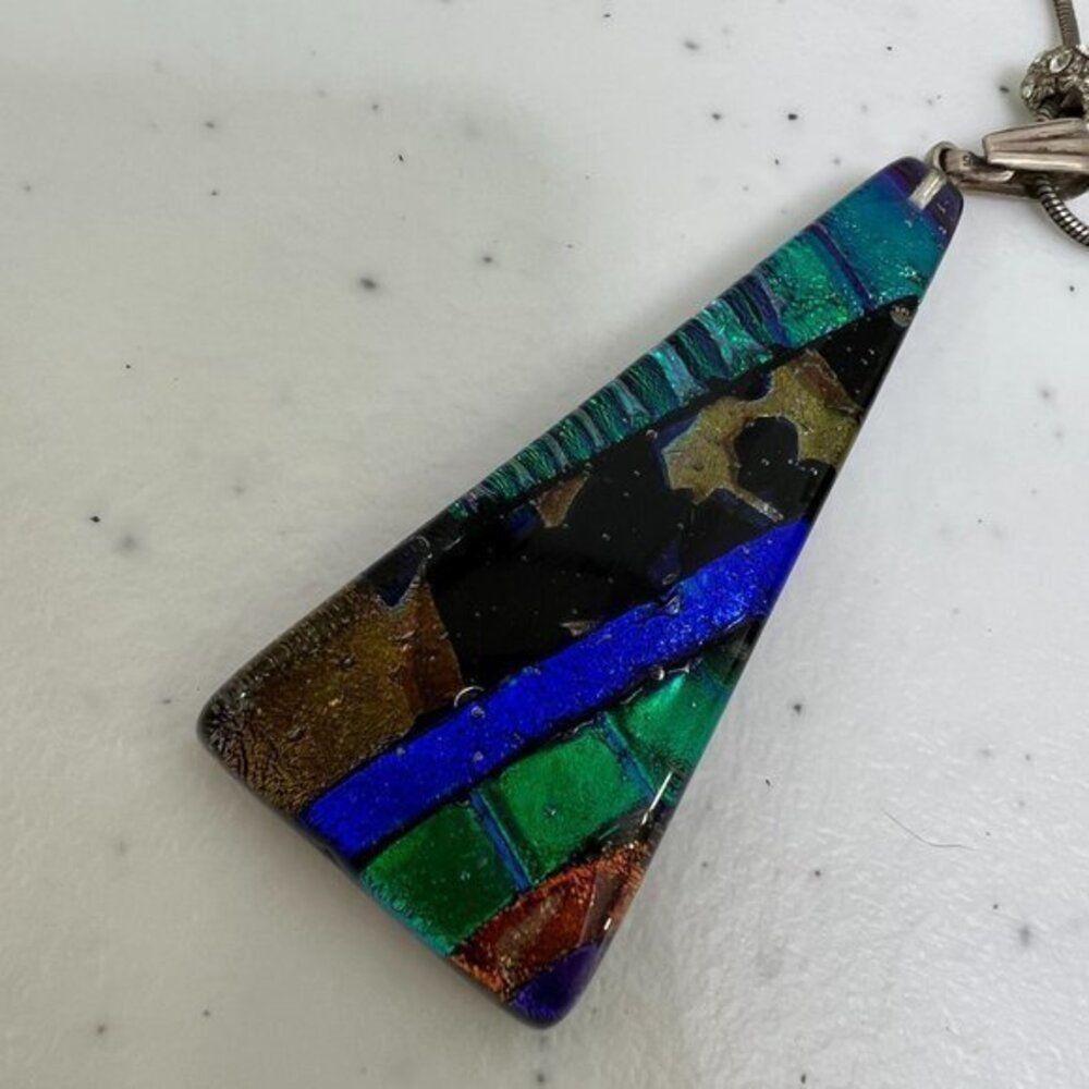 Fused Glass Necklace Geometric Blue‎ Dichroic Sterling Silver 925 Chain Stripe - Picture 6 of 10